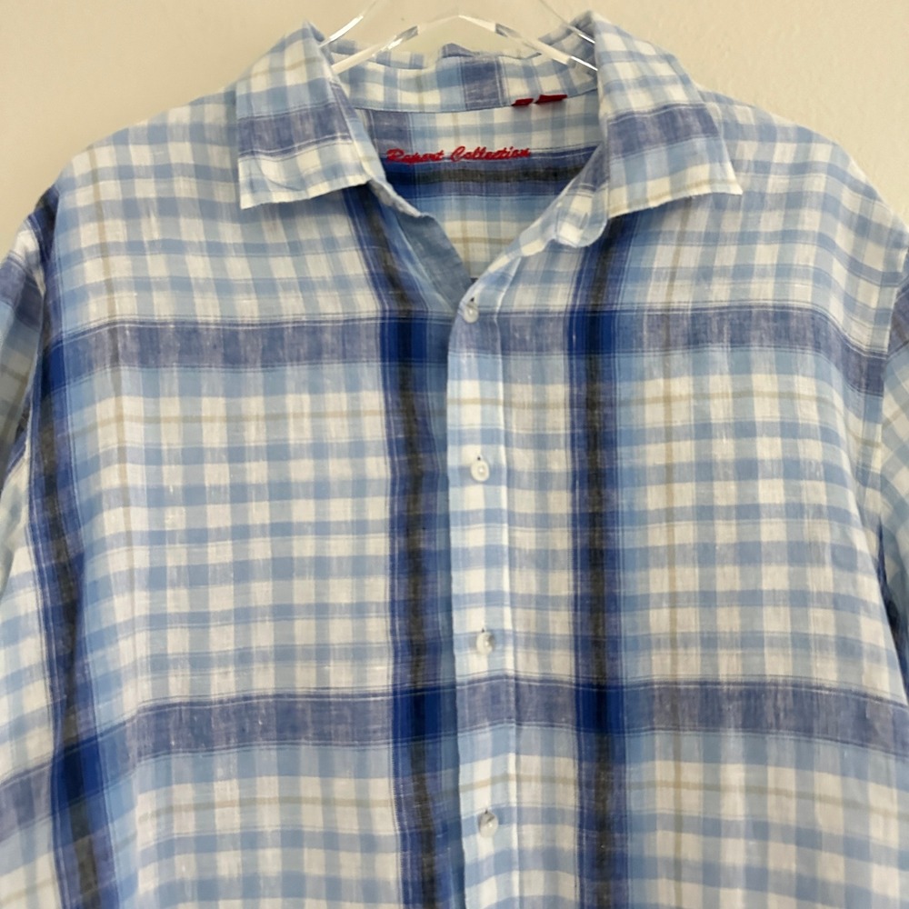Report Collection Button Down Shirt Mens XL Blue Plaid Linen Blend Short Sleeve
